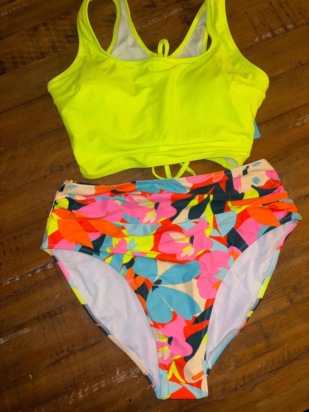 Two-Piece Bikini Size L Neon Yellow Top Floral Print Bottom